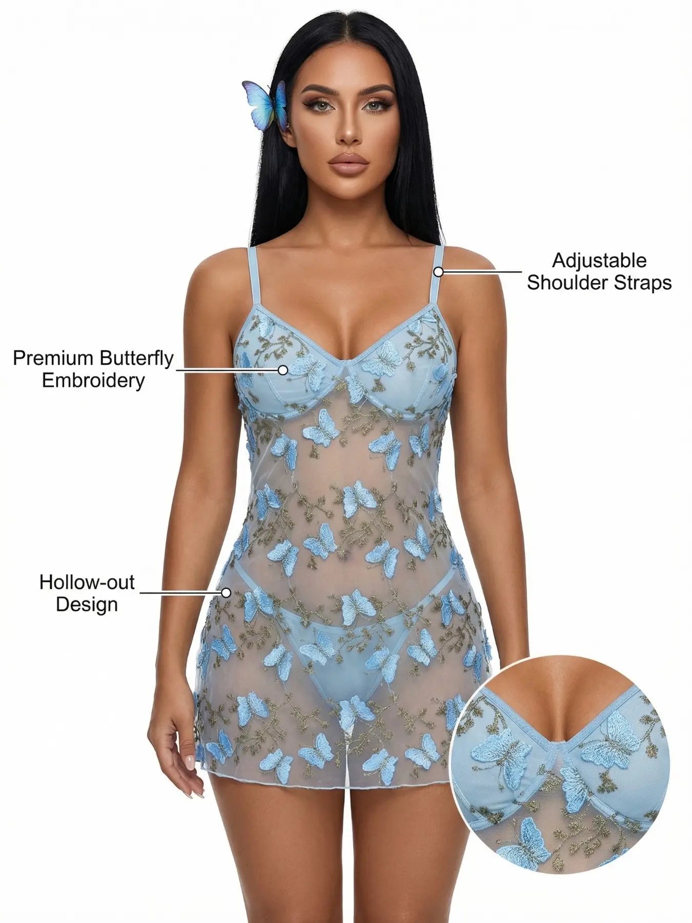 Women's Two-Piece Butterfly Embroidery Mesh Deep V Sexy Pajamas, Elegant Nightwear Set, Comfortable Sleepwear for Women