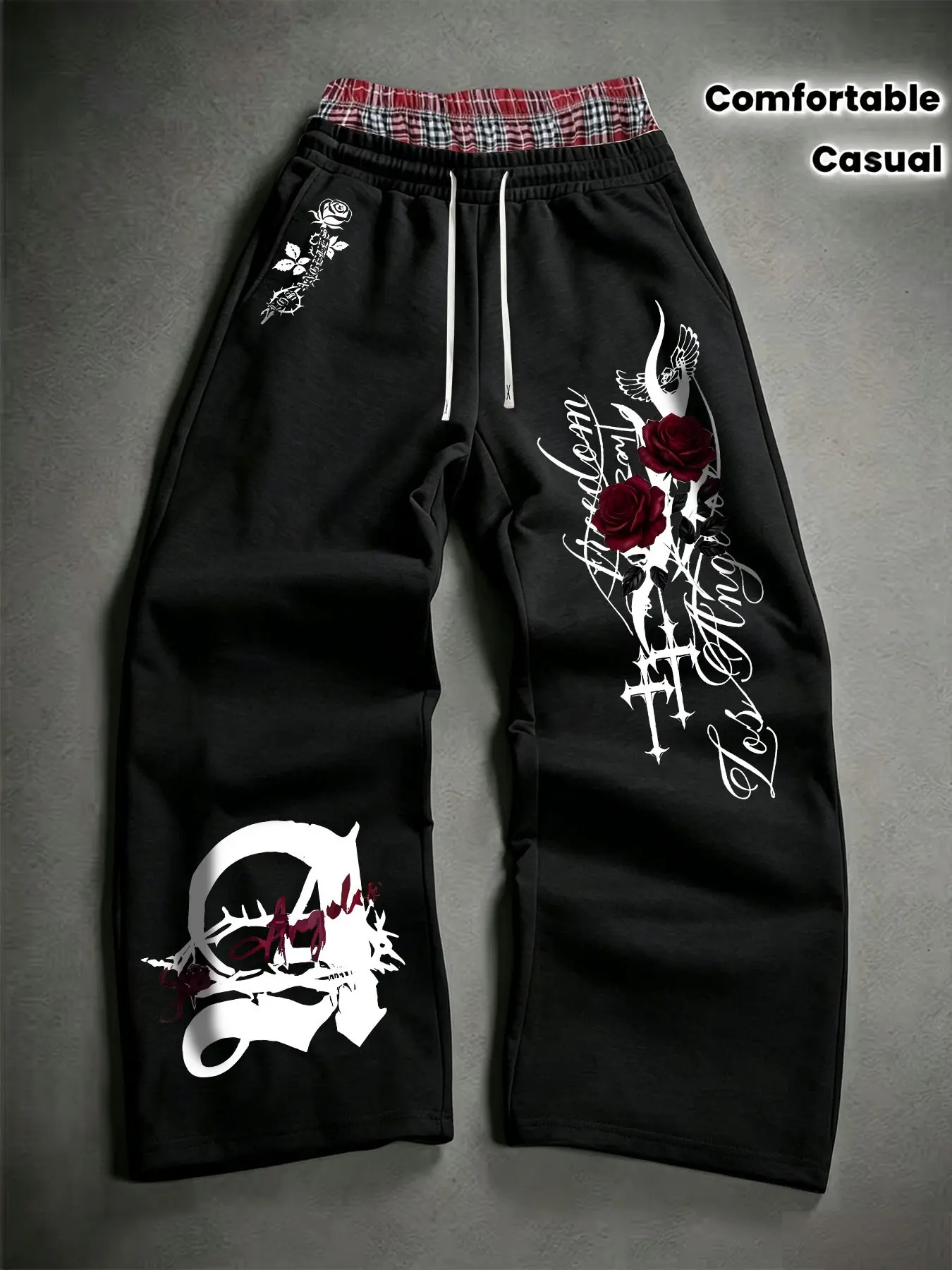 American Chicano Rose Cross Leggings for Men, Dark Gothic Multi-Position Print, Loose-Fit Straight Leg Sport Pants, Casual Style