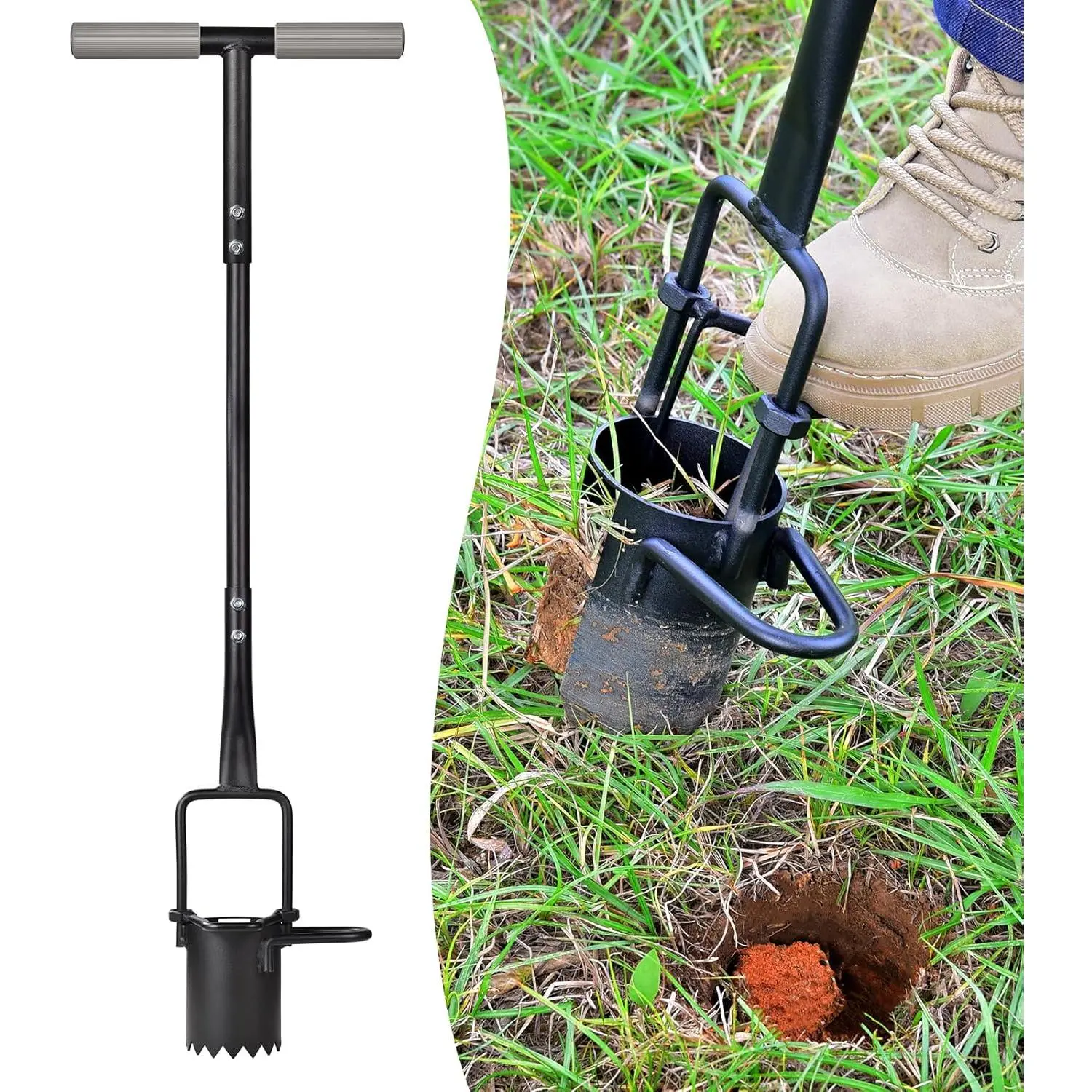 Sod Plugger, Bulb Planter with Long Handle and Serrated Base Garden Tool, Bulb Transplanter Also Grass Plug Tool for Digging Holes to Plant Tulips, Iris, Daffodils