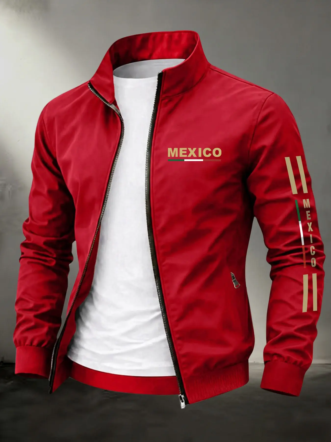 Men's Mexico Pattern Print Stand Collar Sport Jacket, Casual Zipper Athletic Outerwear, Outdoor Sports Coat, All Seasons Slim Fit