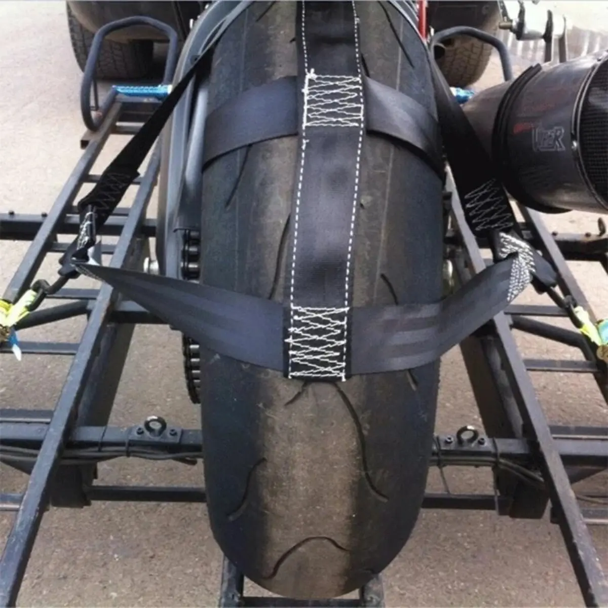 Motorcycle Wheel Tie Down Strap, Rear Tire Securing Strap for Motorcycles and Electric Bikes, Heavy Duty Anti Slip Transport Tie Down Belt, Foldable Portable Storage Design, Secure Trailer Fastening Accessory for Safe Vehicle Transport