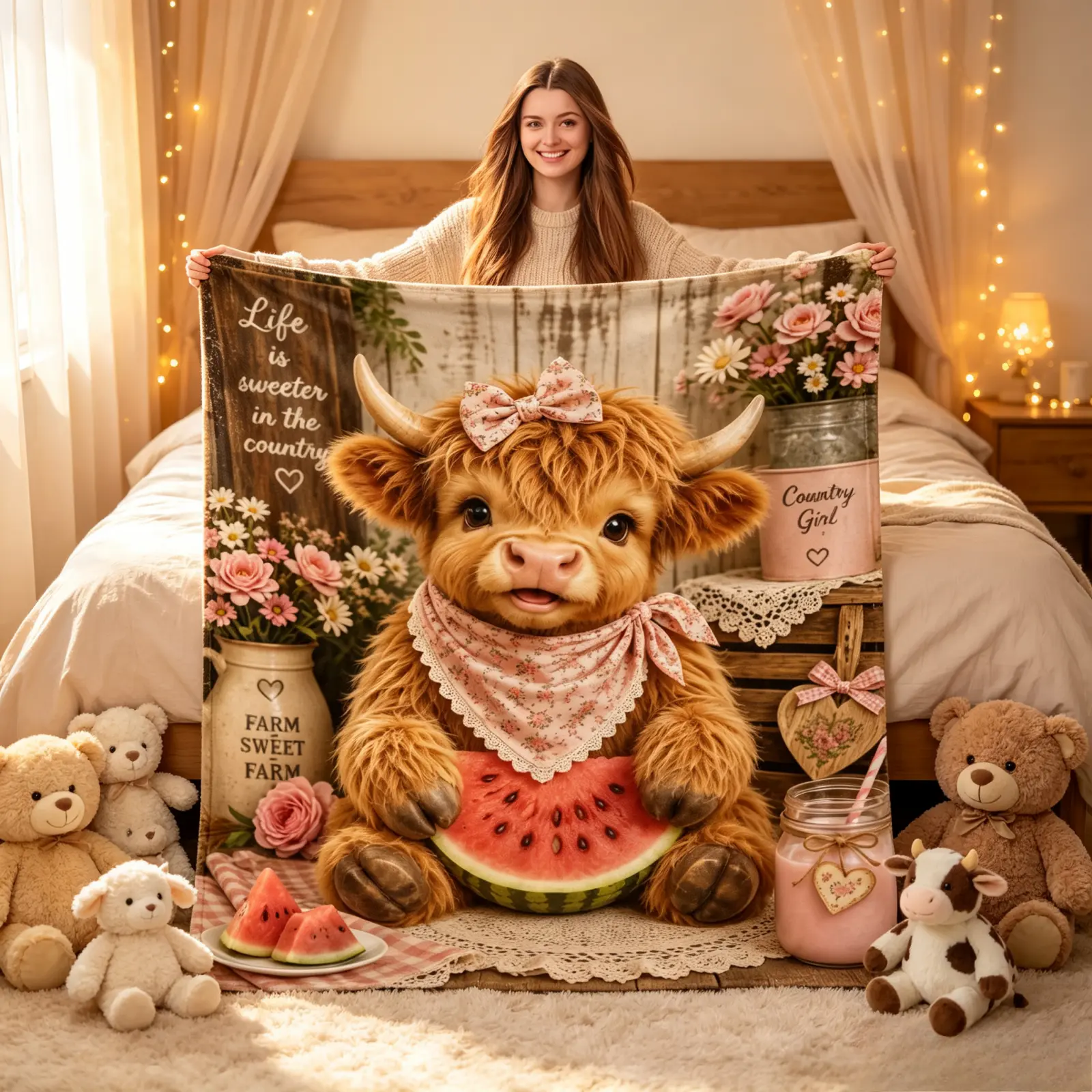 Life Is Sweeter In The Country Highland Cow Flannel Throw Blanket, Cute Baby Highland Cow Watermelon Pink Floral Farmhouse Blanket, Rustic Country Girl Soft Cozy Blanket For Sofa Bed, Perfect Birthday Christmas Housewarming Holiday Gift For Farm Animal