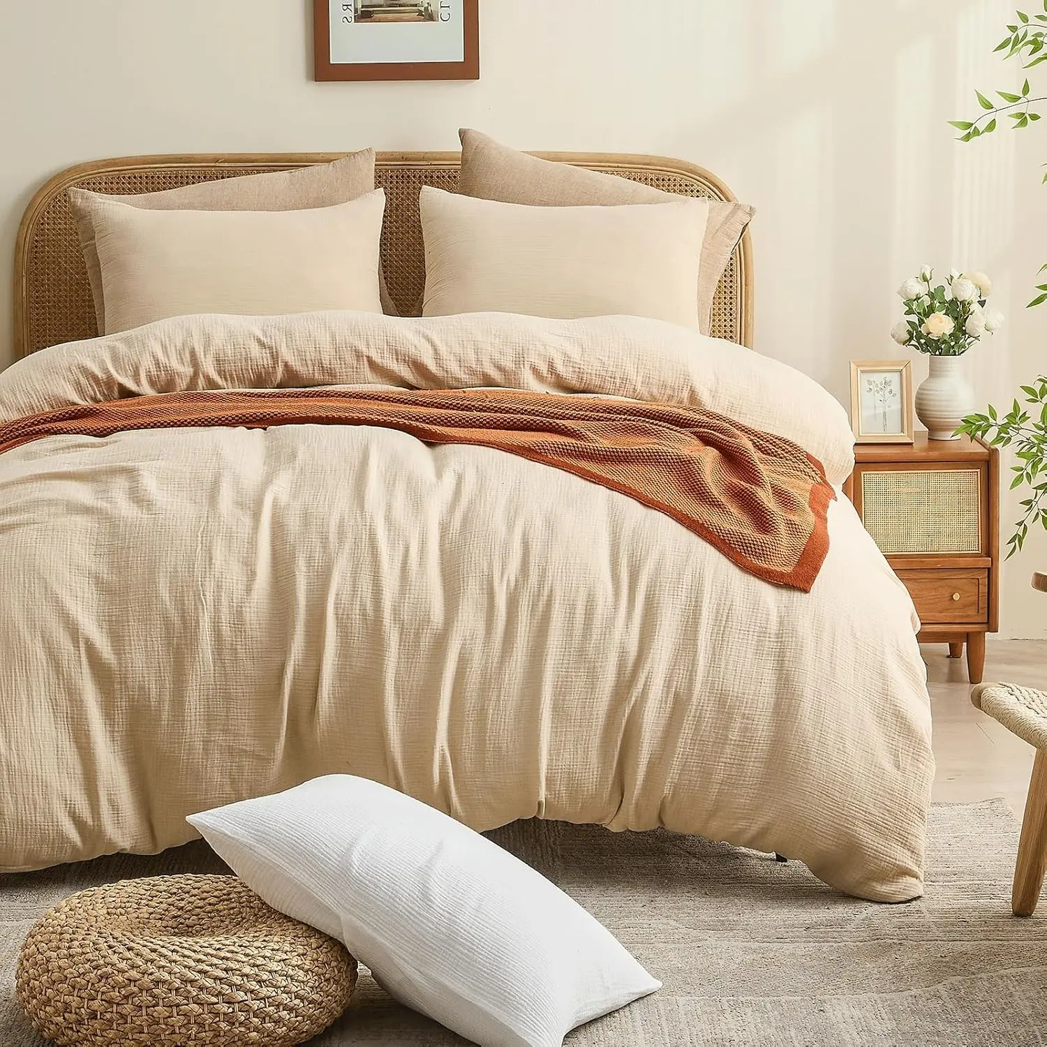 Muslin Duvet Cover Queen Size - 100% Organic Cotton, Soft Textured Gauze Weave Duvet Cover for Breathable All-Season Oeko-Tex Certified - 3 Piece Set (Queen, Linen)
