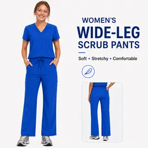 VECARDI Women's Royal Blue High Waisted Flare Scrub Pants, Stretchy Soft Functional Medical Uniforms with Pockets, Comfortable Loungewear for Work