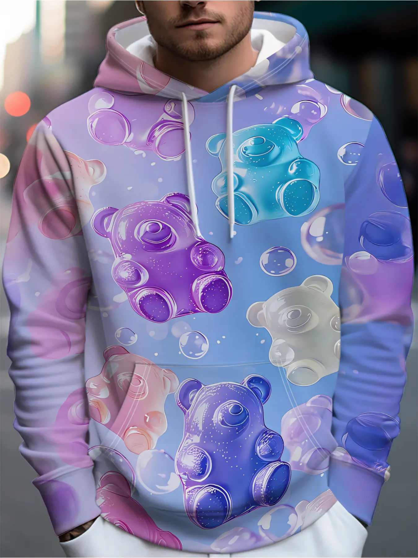 Men'S Streetwear Brand Hooded Sweatshirt With Colorful Teddy Bear Floating In Dreamy Bubbles, Full Of Streetwear Brand Style Pattern Elements Rich And Artistic, Easy To Create Clothing
