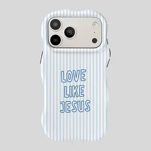 Love Like Jesus and Blue Stripe Pattern Phone Case for iPhone 17 Pro Max Air 16 15 14 13 12 11, Cute Wavy Curved Edge Glossy Protective Shockproof Rugged Cover, Dual Layer Soft Silicone Inner Shell + Hard Plastic Outer Shell, Perfect Gift