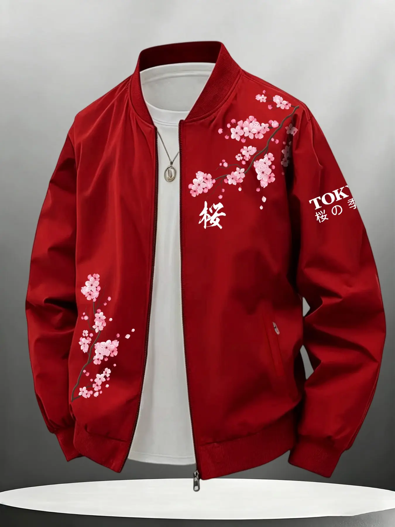 Men's Trendy Cherry Blossom Print Stand Collar Jacket, Casual Zipper Outerwear, Street Fashion Daily Wear, All Seasons