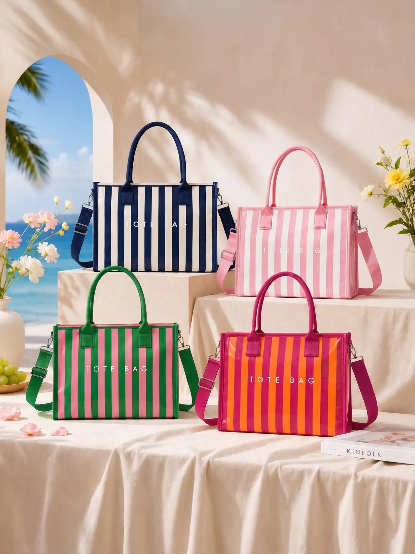 Women's Striped Tote Bag, Detachable Strap Waterproof Transparent PVC Casual Crossbody Handbag, Cute Beach Travel Shoulder Bag with Scarf Gift, Crossbody Bags, Summer Bags