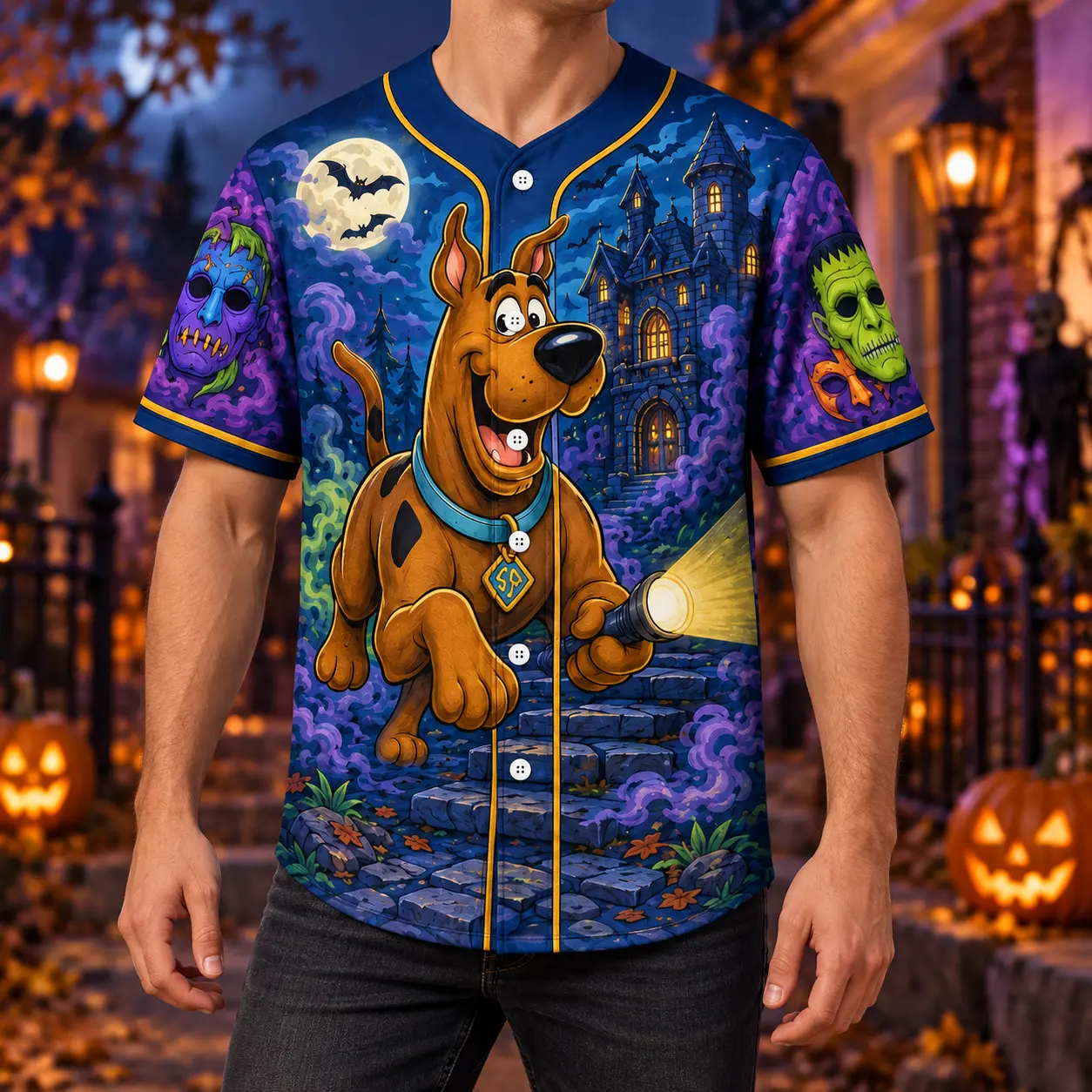 Scooby-Doo Halloween All-Over Print Baseball Jersey, Short Sleeve Button Down Graphic Shirt, Haunted Castle Mystery Design, Fan Sportswear, Professional Sports Clothing
