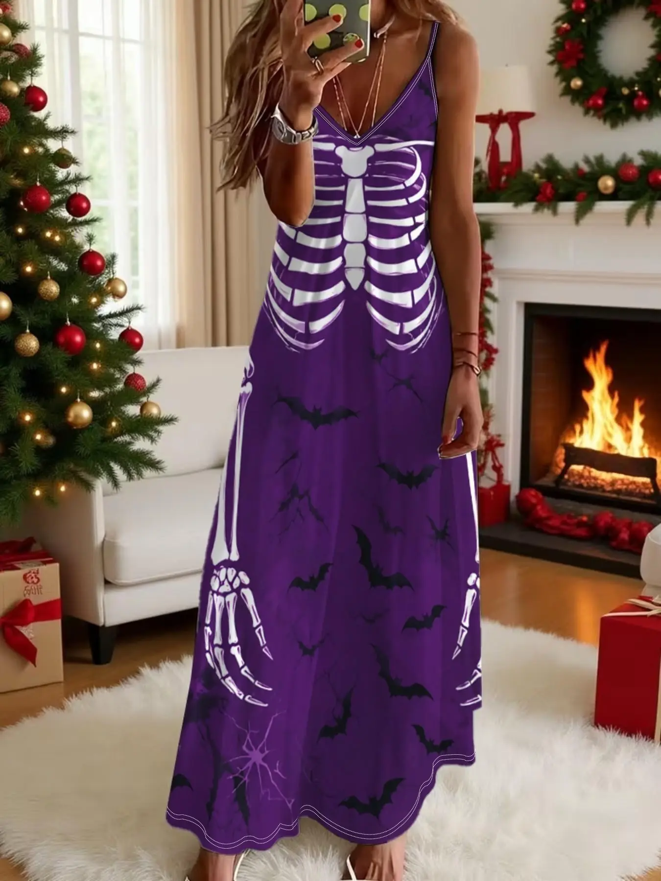 Dark Halloween Skeleton Bat Print Strap Dress, Base Cracked Texture, Loose-Fit Slimming Long Dress, Witchy Atmosphere, Casual Wear