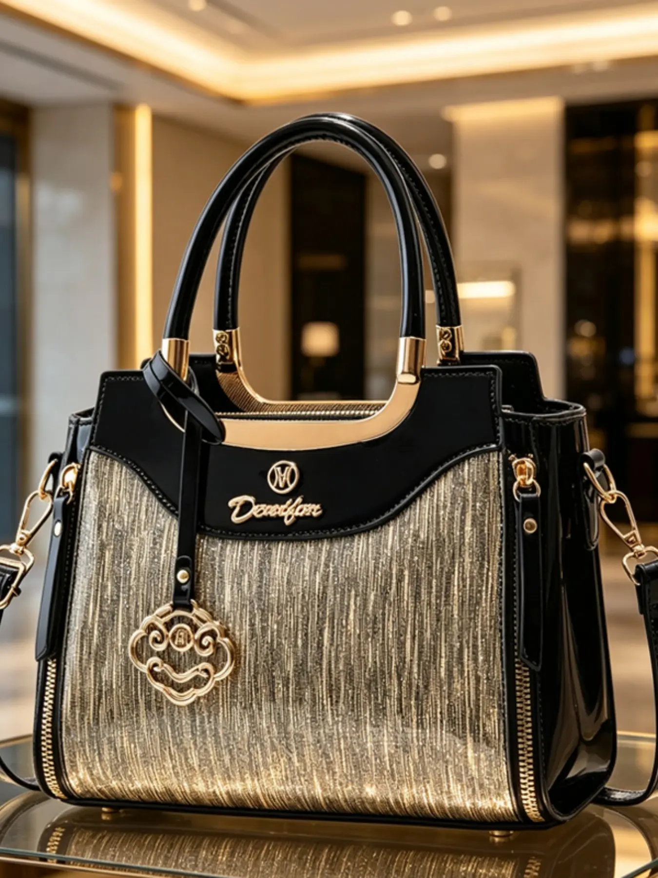 Luxury Shiny Patchwork Lady Handbag, Traditional Feng Shui Lock Charm, Large Capacity Commuter Tote, Shoulder Crossbody, Elegant Mom Bag, Casual Patched Handbag, Party Daily Use