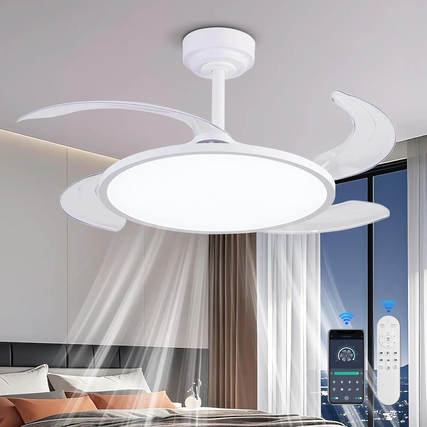 Retractable Ceiling Fan with Lights and Remote,42'' Fandelier Ceiling Fan with Dimmable Full ,Timer Setting,Silent DC ,Modern Bladeless Fan for Bedroom Dining Room,White