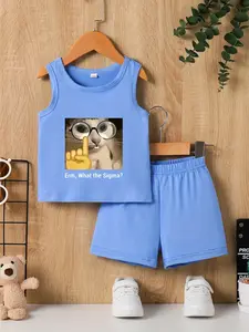 Boys' Comfortable Breathable Fun Glasses Cat Gesture Text Print Vest Set, Easter Theme Boys' Festival Gift, Sporty Slim-Fit Suit