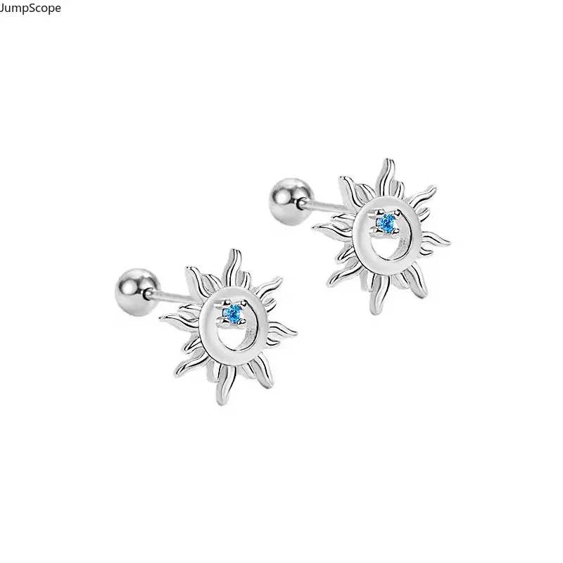 Sun Motif Screw-Back Stud Earrings - Hollow Blue Zircon Threaded Ball Studs for Ear Cartilage Piercings, Minimalist Gothic Jewelry for Men, Ideal for Daily Streetwear, All Seasons