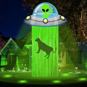Halloween Alien Door Curtains with Metallic Tinsel Foil Fringe Curtain UFO Flying  Spaceship Green  Banner Backdrop for Alien Halloween Space Birthday Party Decorations