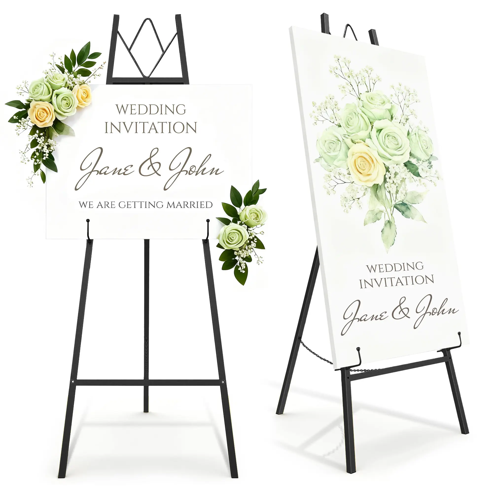 2-Pack Elegant Black Easel Stand for Signs | for Welcome Signs - 47 in Floor Display Holder w/ Chain, Heavy-Duty, No Assembly - Posters, Paintings, Mirrors, Black