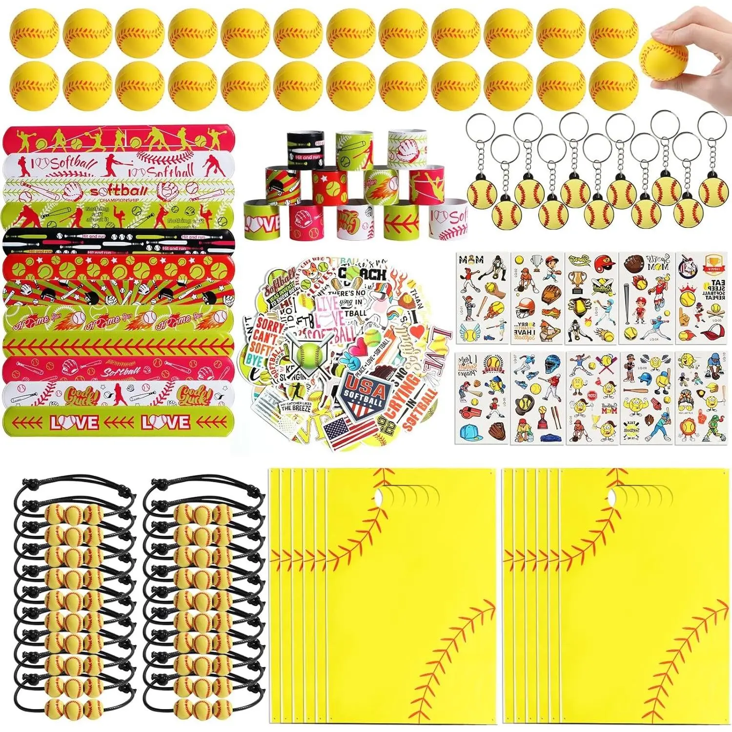 294 Pieces Softball Party Supplies Softball Themed Birthday Gift Goodie Bags 24 Set Mini Foam Stress Balls,Slap Bracelet, Keychain, Charm Bracelets (Softball)