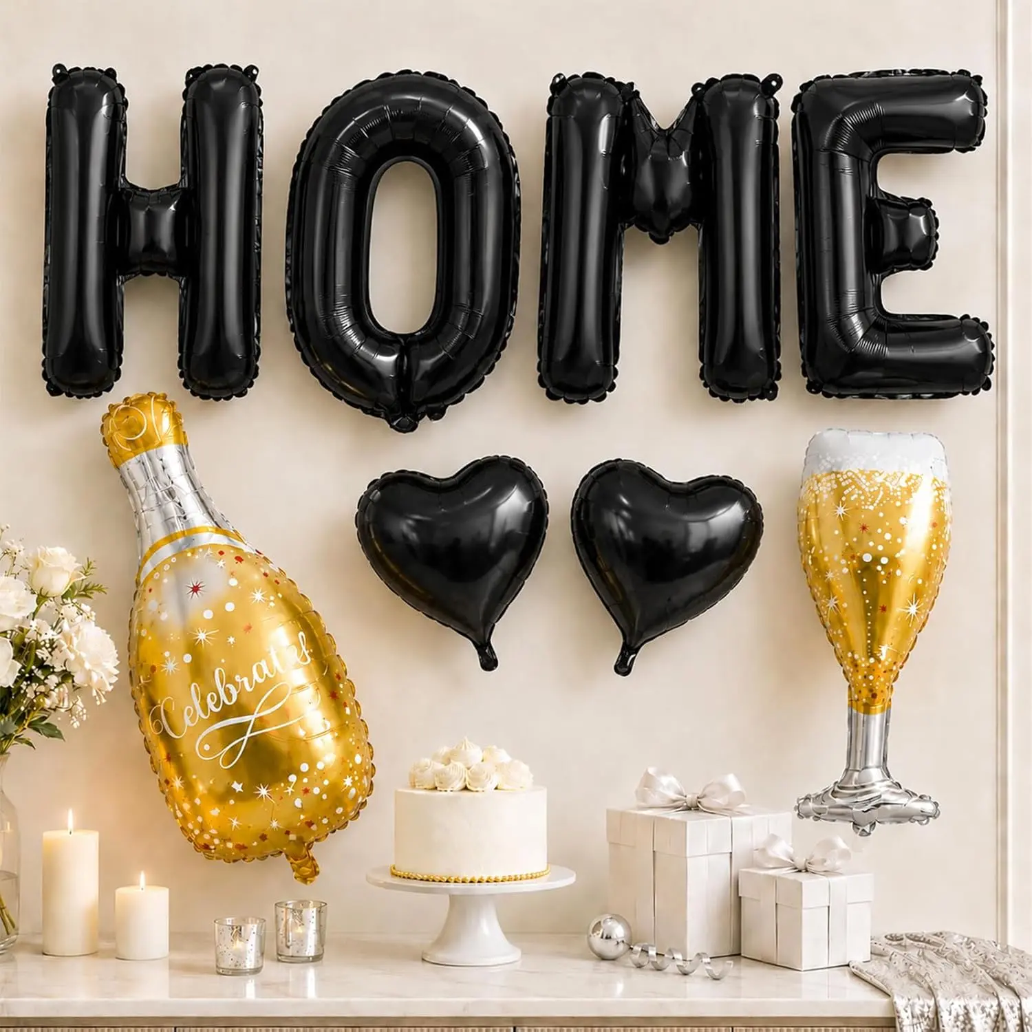 40 Inch Home Balloons Black, Housewarming Party Decorations with Bottle Balloon Glass Foil Balloon Heart Balloons for Homecoming New Home Letter Banner Welcome Sign Party Decor
