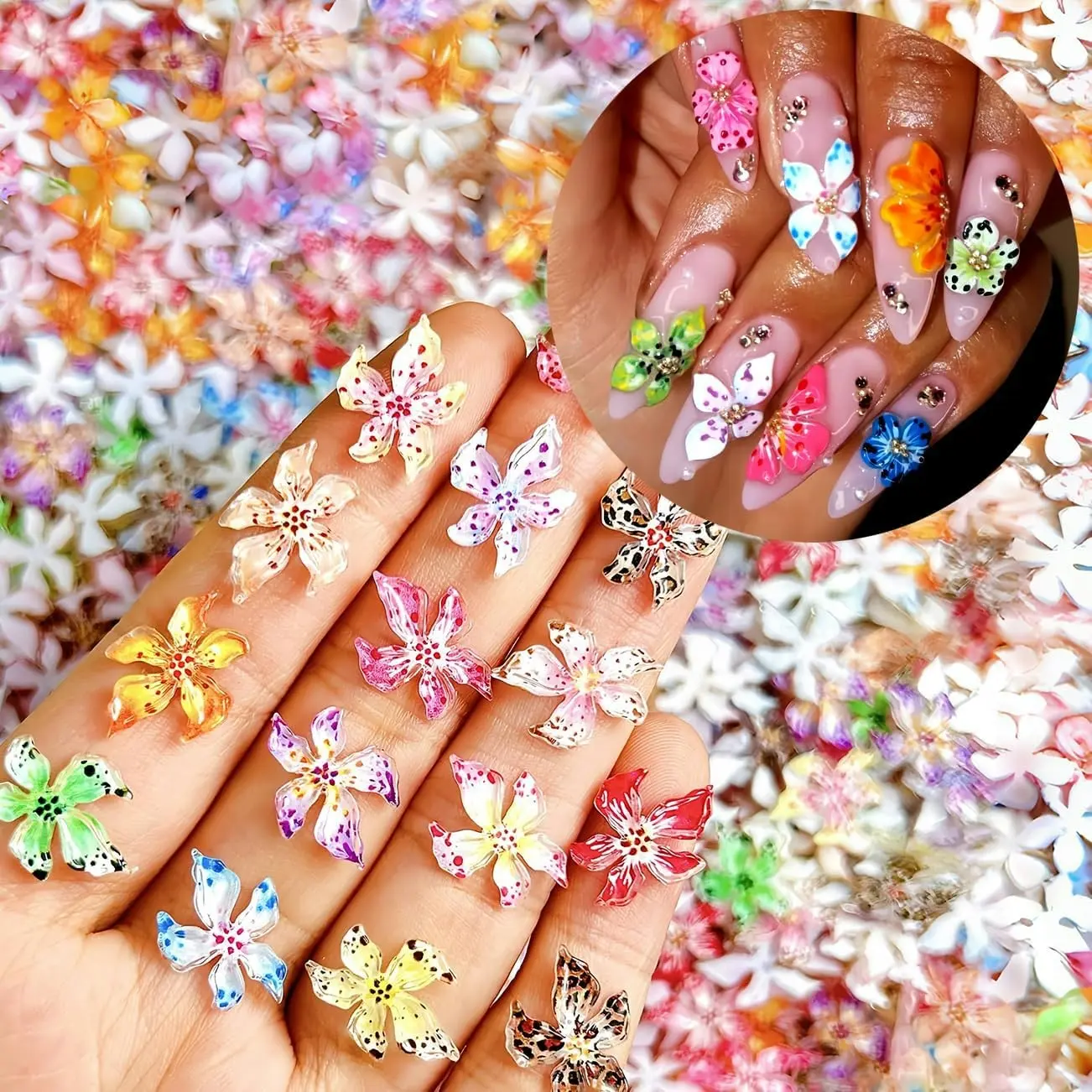 100 PCS Flower Nail Art Charms, 3D Hawaii Flowers Nail Rhinestone Hibiscus Floral Nail Gems, 3D Mixed Colorful Flower Nail Diamonds Spring Summer Nail Designs Nail Jewelry Nail Decor Resin Nail Diamond for Women Acrylic Nail Supplies