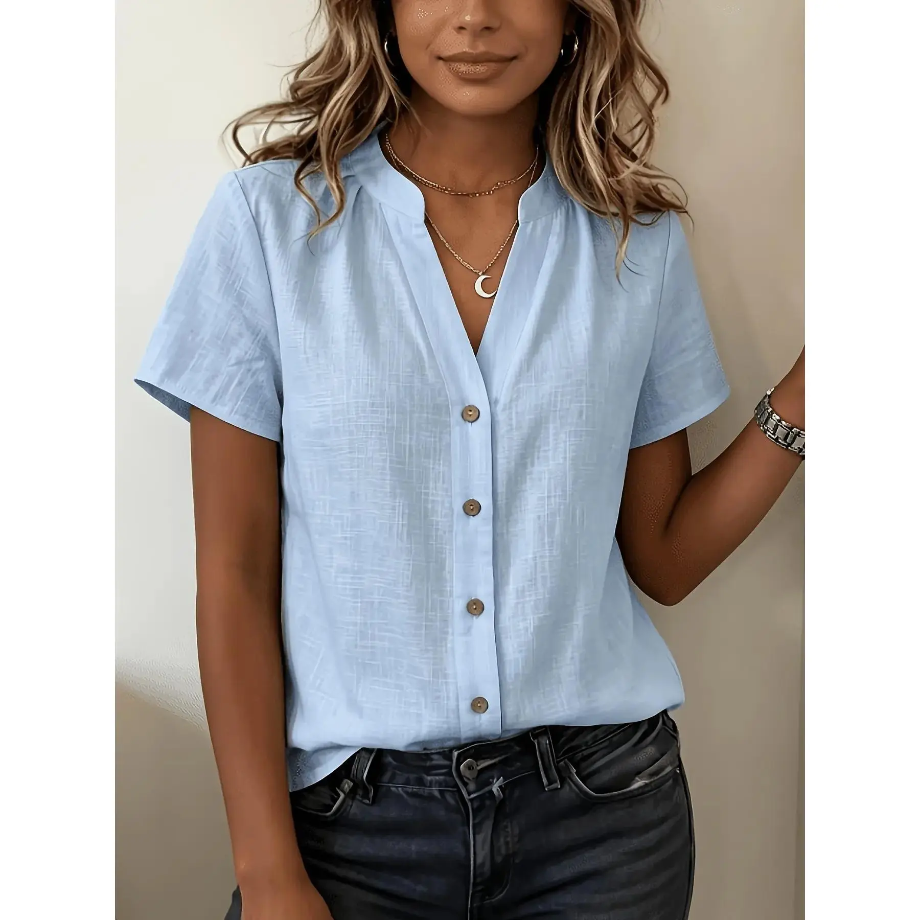 Women's V-Neck Short Sleeve Shirt Blouses, Textured Half Open Front, Comfortable Loose Fit Casual