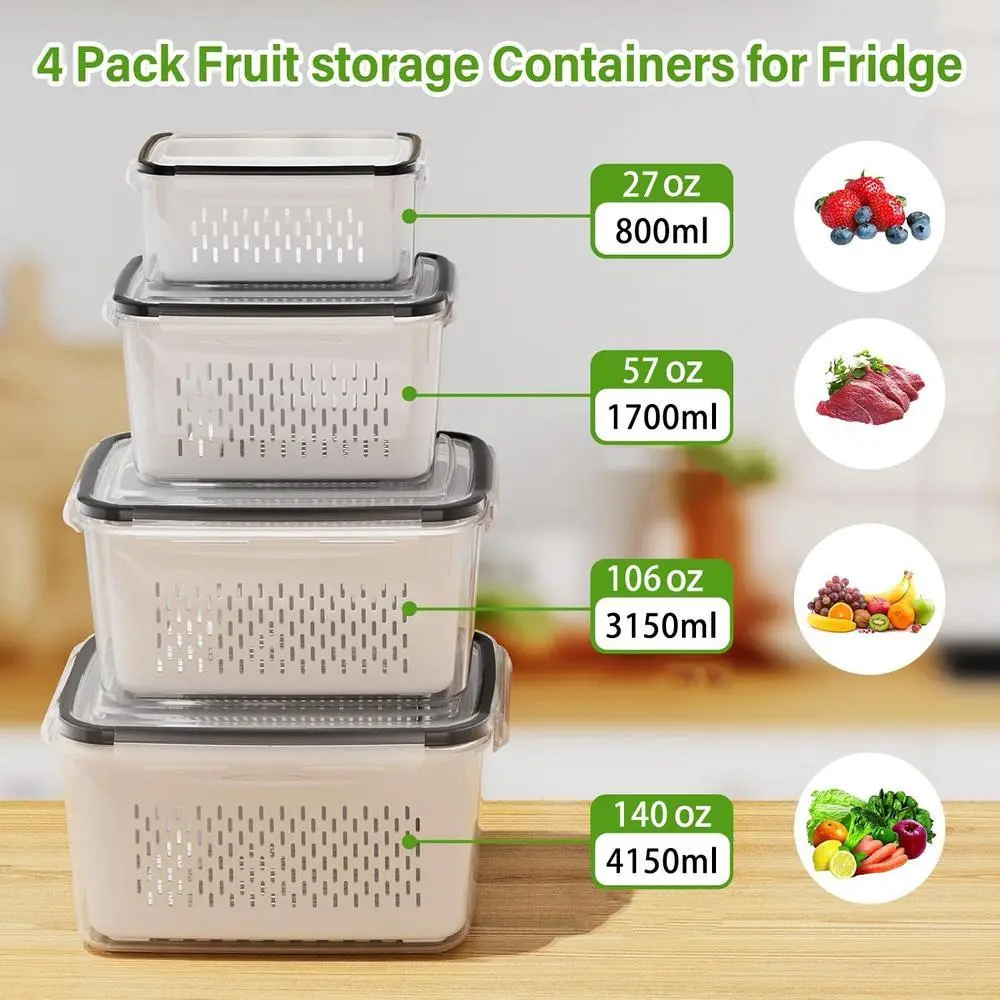 Stackable Rectangular Plastic Fridge Organizer Bins (2/4/6 Packs) - Sturdy Multi-Size Refrigerator Accessories with Double-Layer Drain, Ideal for Fruit Storage, Meal Prep Containers