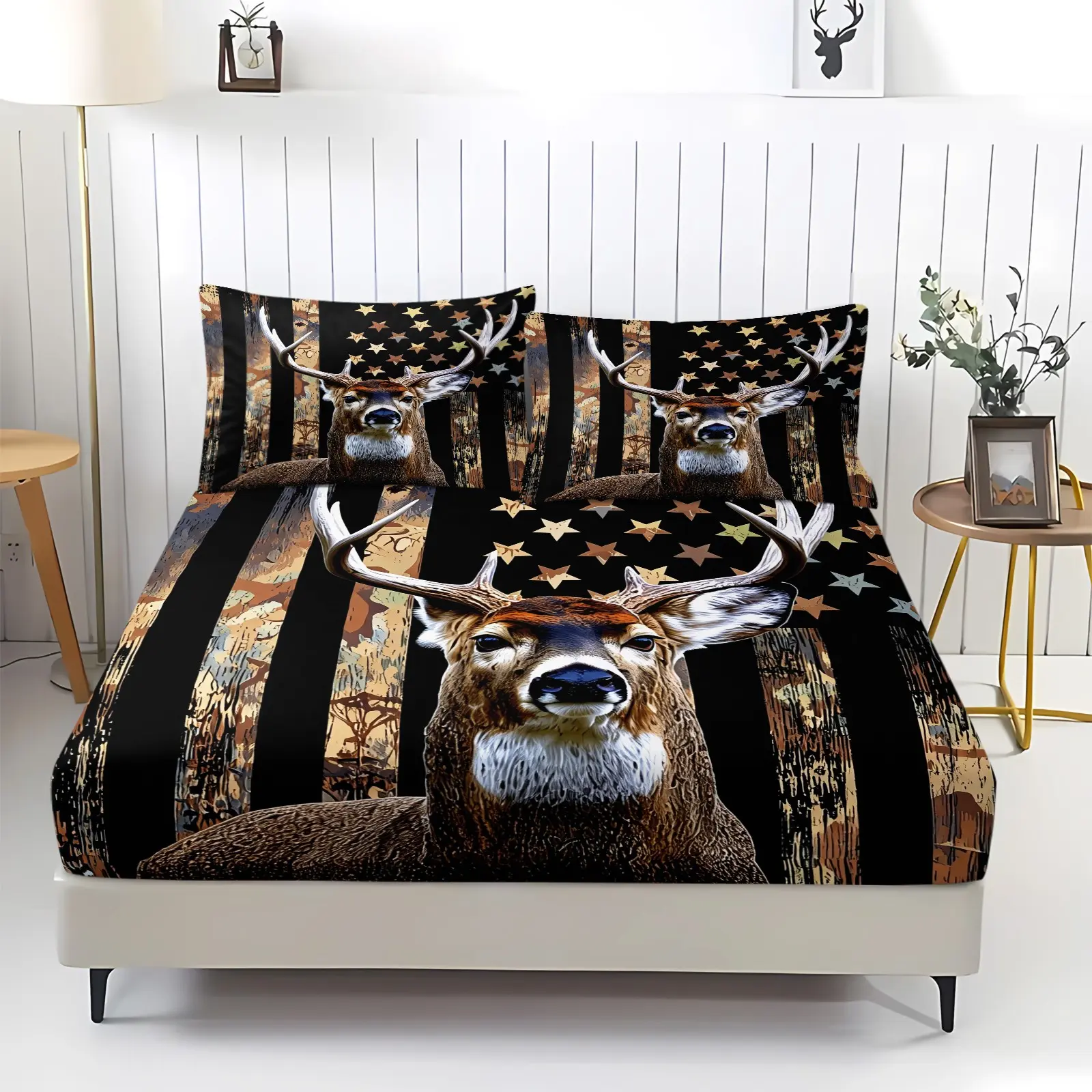 Deer Hunting Camo Bedding,Hunter Bedding Set American Flag Fitted Sheet Set Twin Size for Adult Teen Boy Bedroom Decor,1 Fitted Sheet+2 Pillowcases