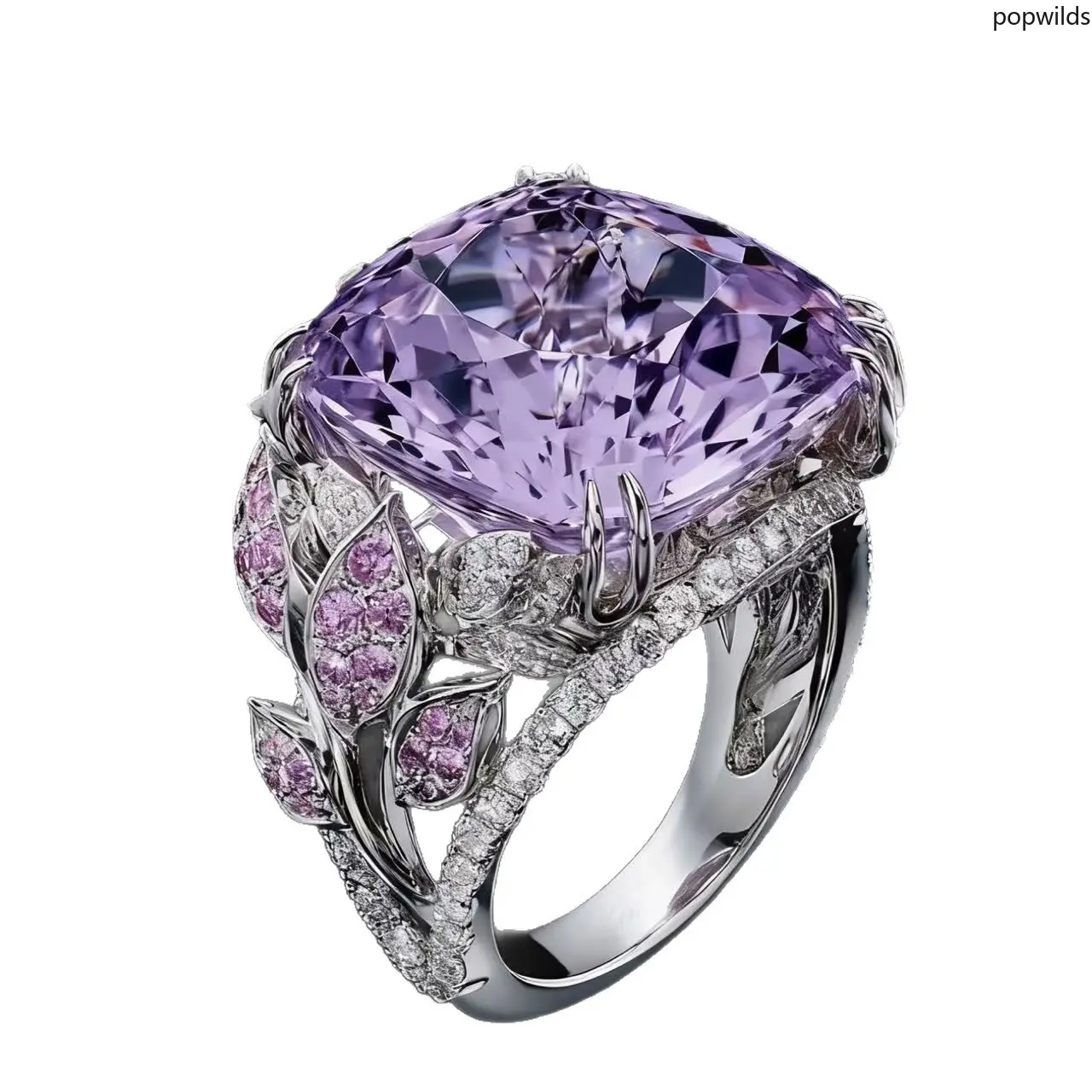Elegant Floral Motif Ring with a Purple Gemstone Set for Women, High Fashion Party Wear or Romantic Proposal Jewelry