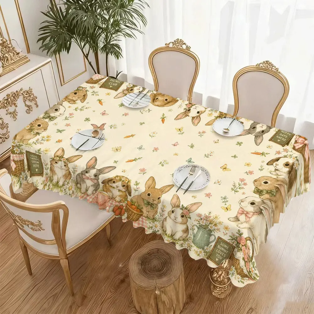 Cute Bunny Floral Carrot Butterfly Print Tablecloth, Spring Easter Polyester Rectangular Table Cover for Kids Party Dining Decor