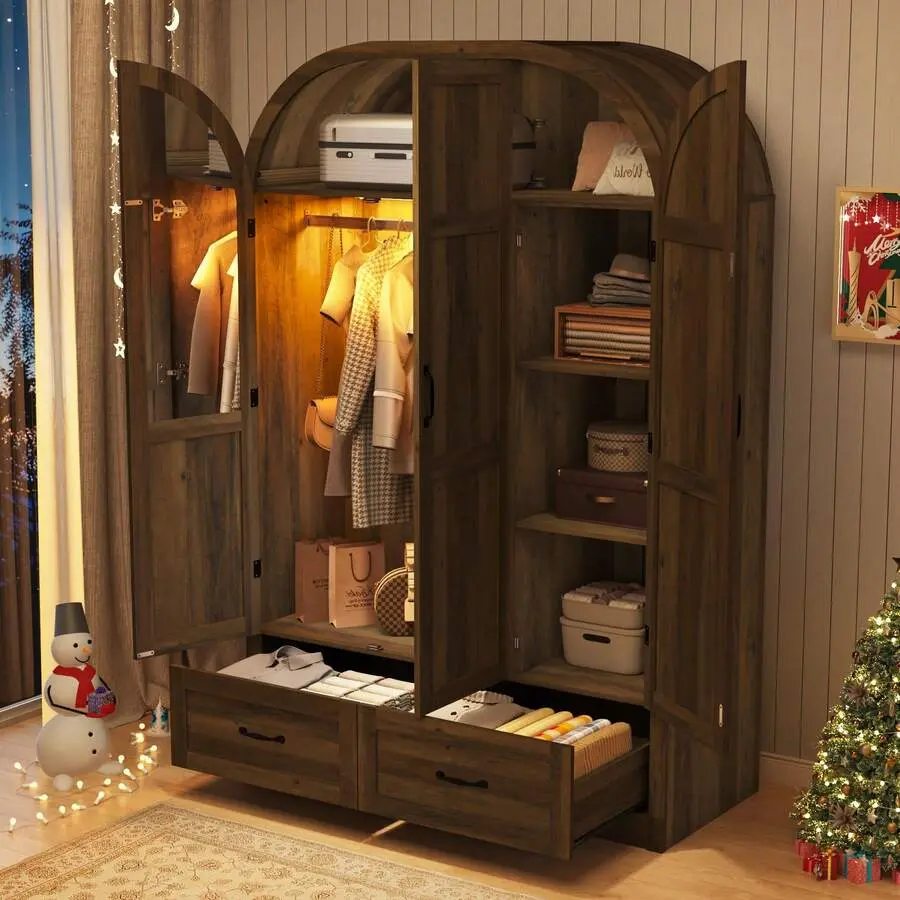 Armoire Wardrobe With Mirror & Lights, 71" Farmhouse Arched Design, Features Hanging & Drawers Bedroom Storage
