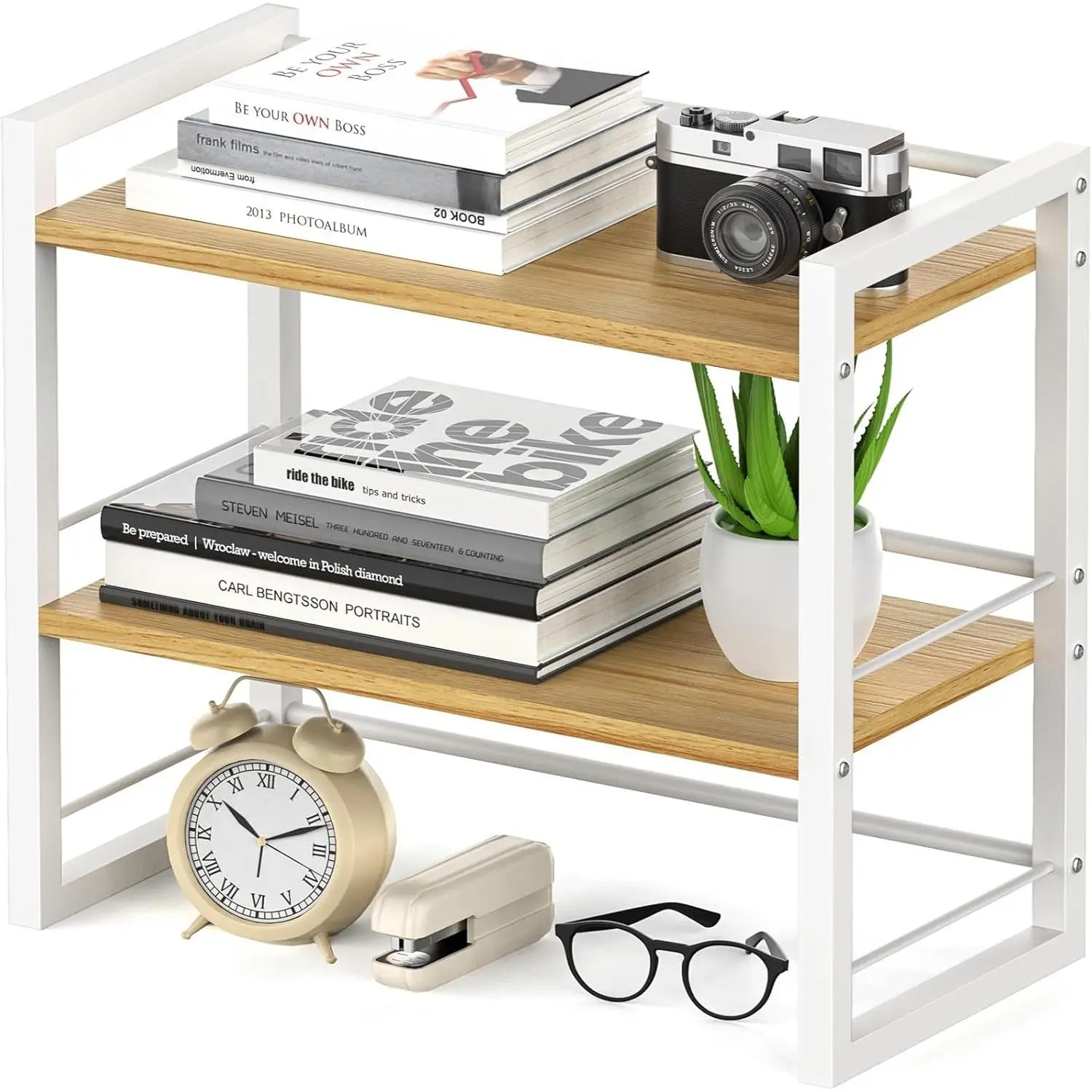 2-Tiered Wood Office Desk Shelf Organizer, Top-of-Desk Supplies Storage Rack for Dresser (White), Two-Tiered