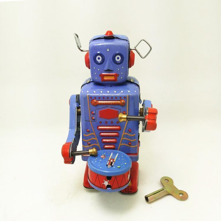 Retro Wind-Up Tin Robot with Gong Drum Classic Mechanical Clockwork Toy for Kids' Christmas Gift Collection and Fun Playtime