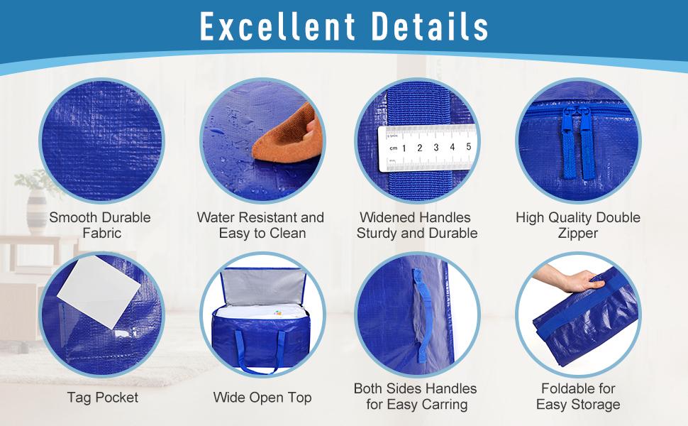 Moving Bags Heavy Duty Storage Tote for Space Saving, Traveling Organizer, with Zippers & Strong Carrying Handles Alternative to Moving Boxes, Packing Supplies (Set of 6)