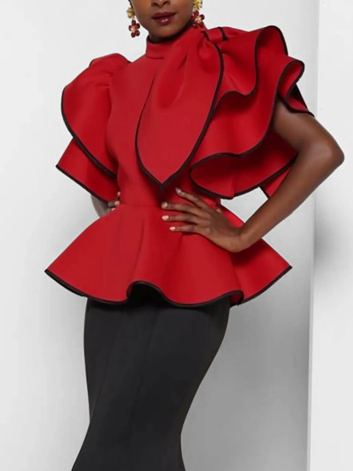 New Arrival Women's Fashion 3D Bow Tie Waist Twin Layered Ruffle Short Sleeve Shirt, Casual Top Blouse, Blouse Top, Stylish and Trendy Design for Everyday Wear