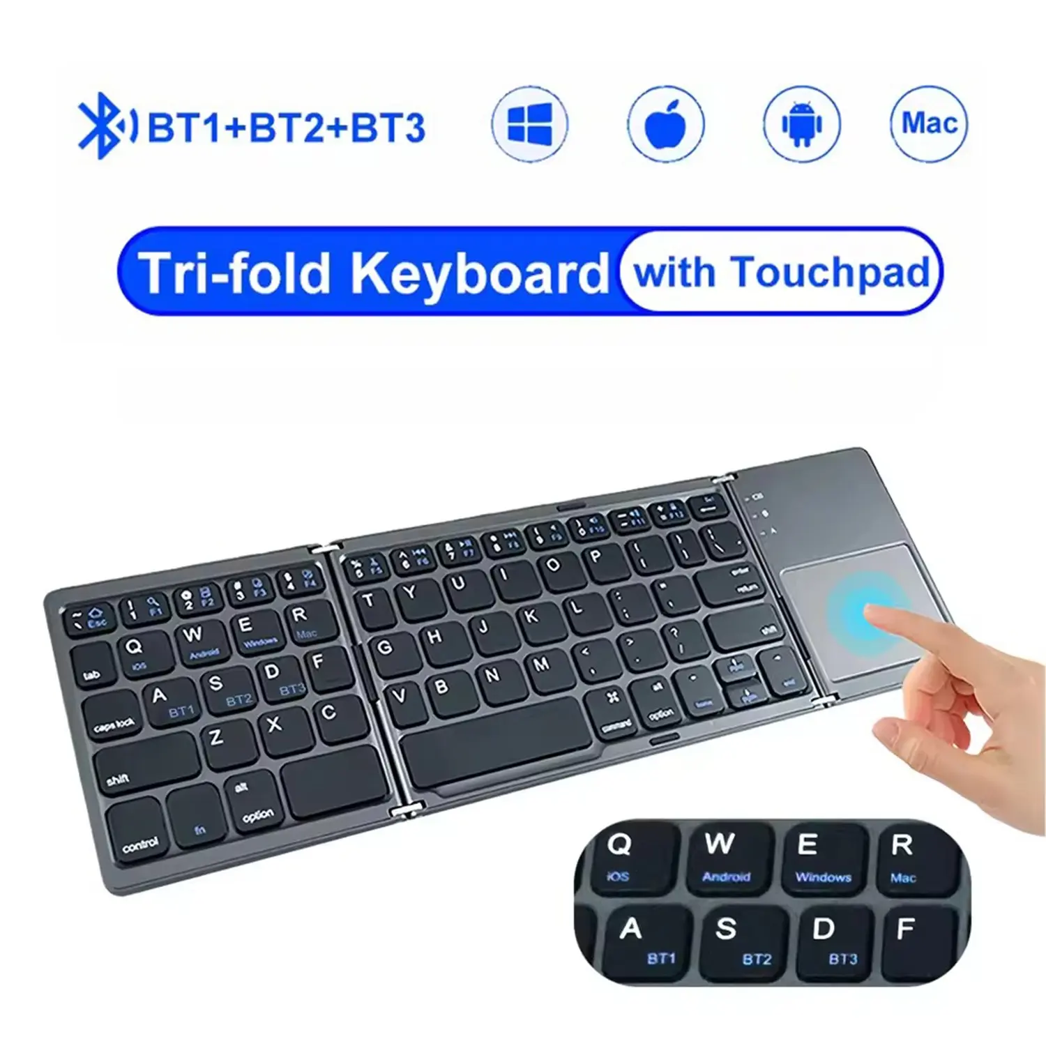 Foldable Wireless Keyboard with Touchpad, Ultra-Thin Portable Battery-Powered, Compatible with Android Windows iOS Tablets Laptops