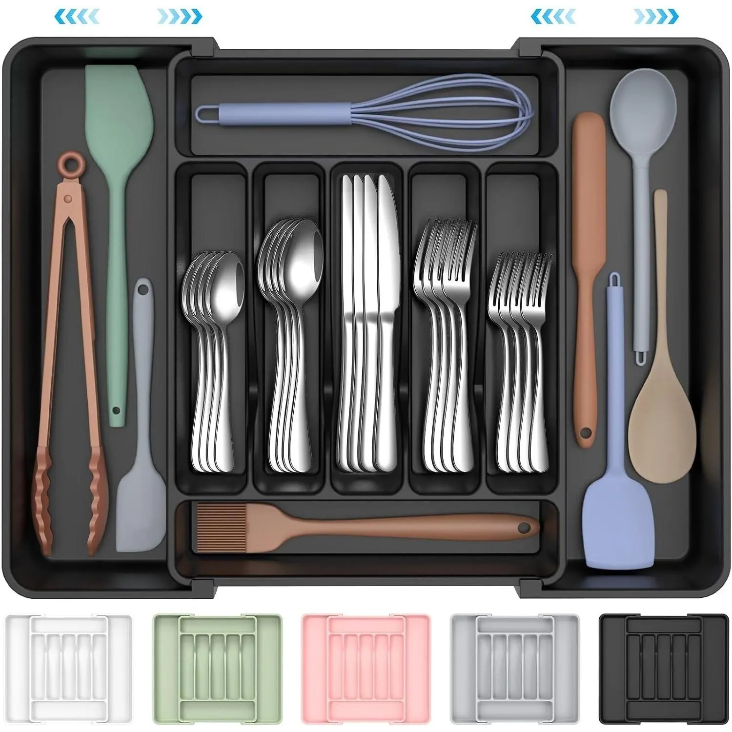 Extra Large Expandable Silverware Organizer, Flatware Tray, Black