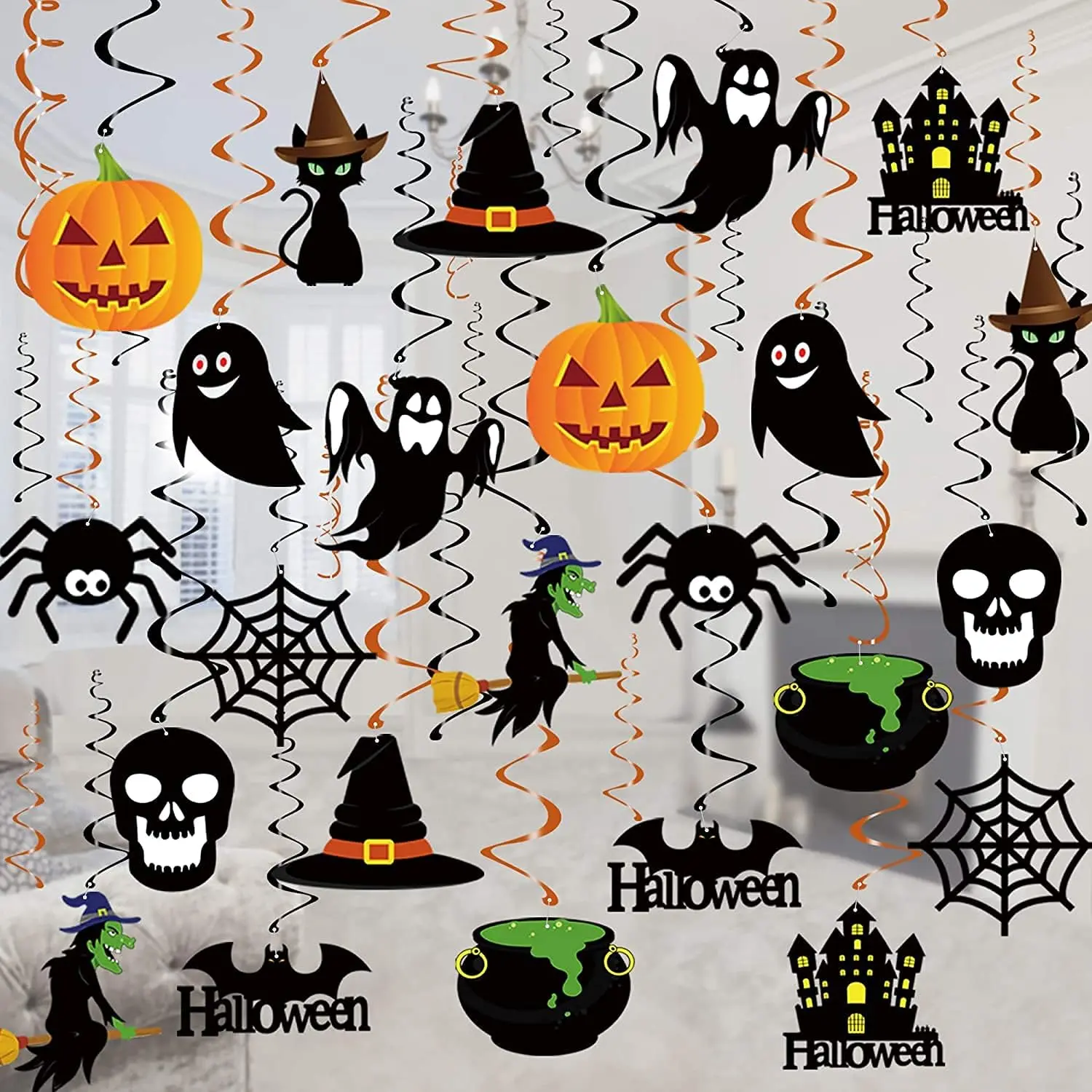 Halloween Decorations  Swirl - 36 count  Halloween Ceiling Streamers - Large Size  Pumpkin Witches Swirls for  Indoor Outdoor Party Office Decor Supplies