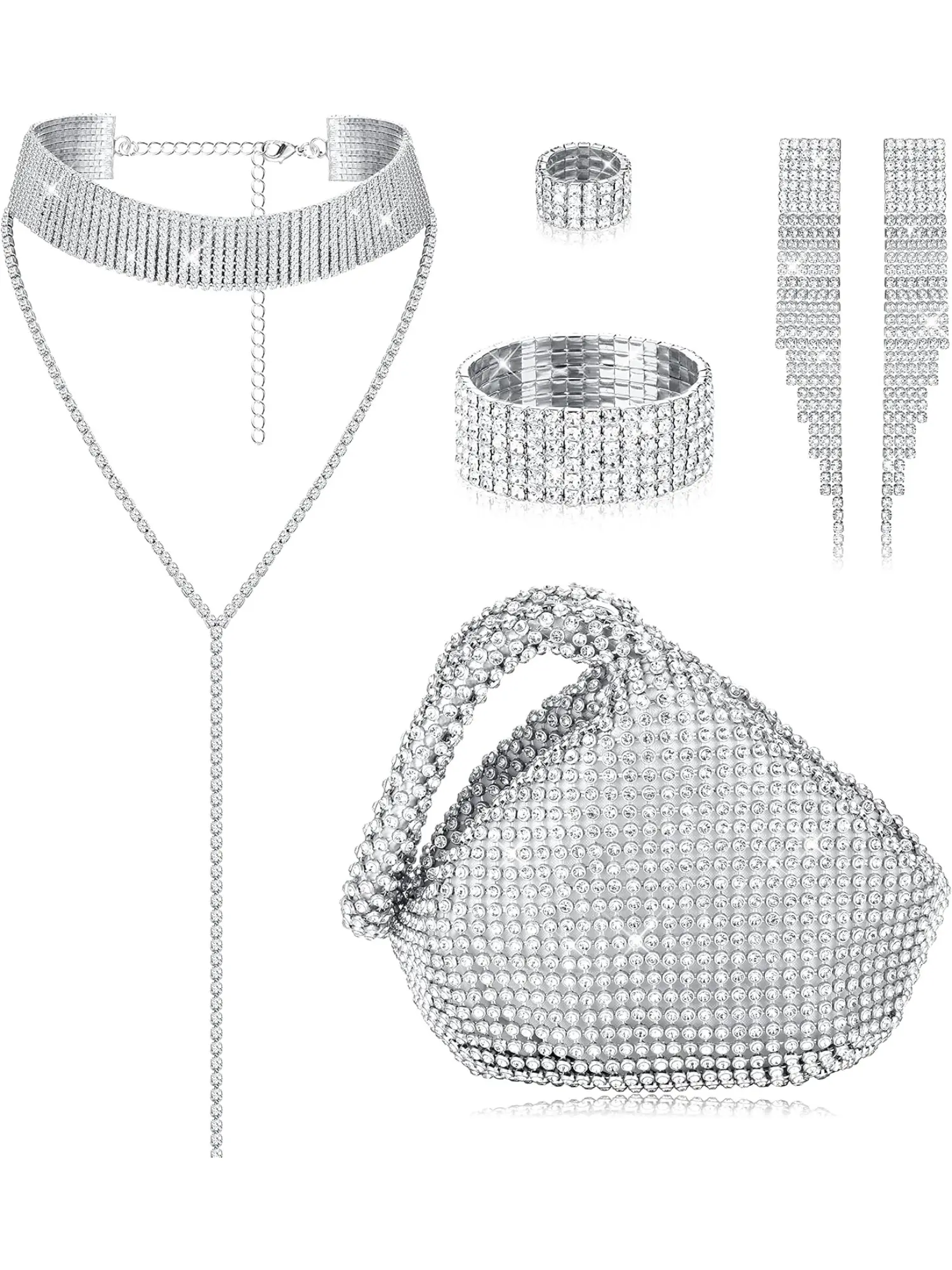 6 Pieces Women Crystal Jewelry Set Rhinestone Choker Necklace Stretch Bangle Bracelet Ring Dangle Fringe Earrings Triangle Glitter Bling Purse for Bridal Wedding Party
