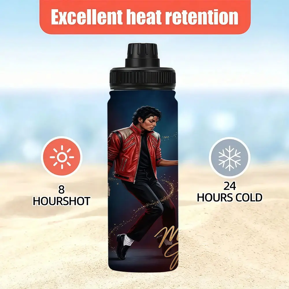 Michael Jackson Print Stainless Steel Water Bottle, 20oz Portable Leak-Proof Insulated Travel Mug with Handle Loop, Fan Outdoor Drinking Cup