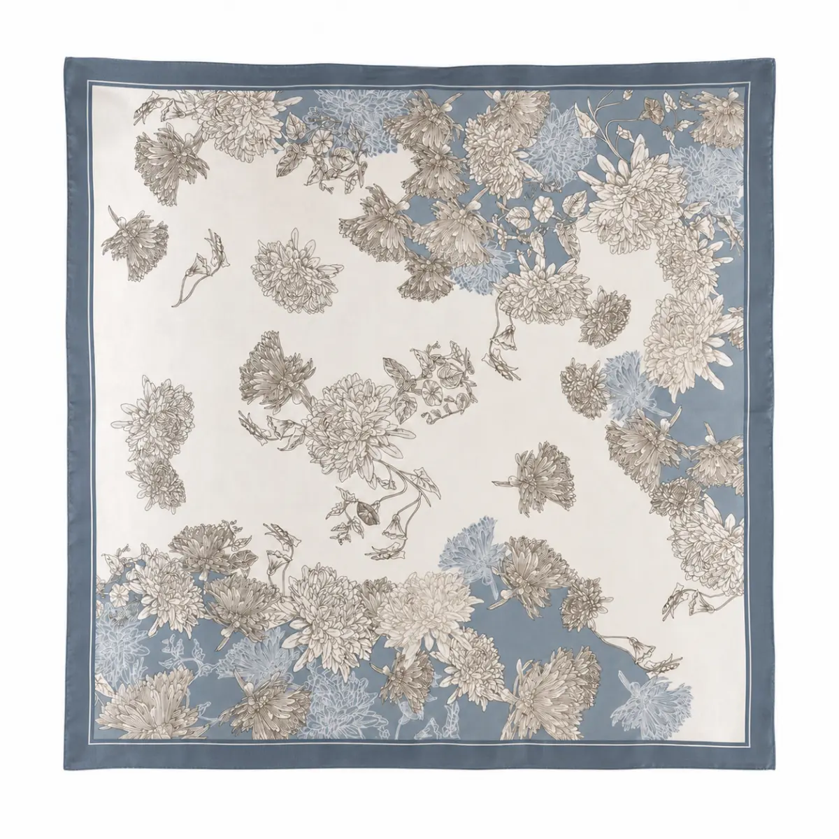 100% Mulberry Silk Square Scarf for Women, Blue and Beige Floral Print