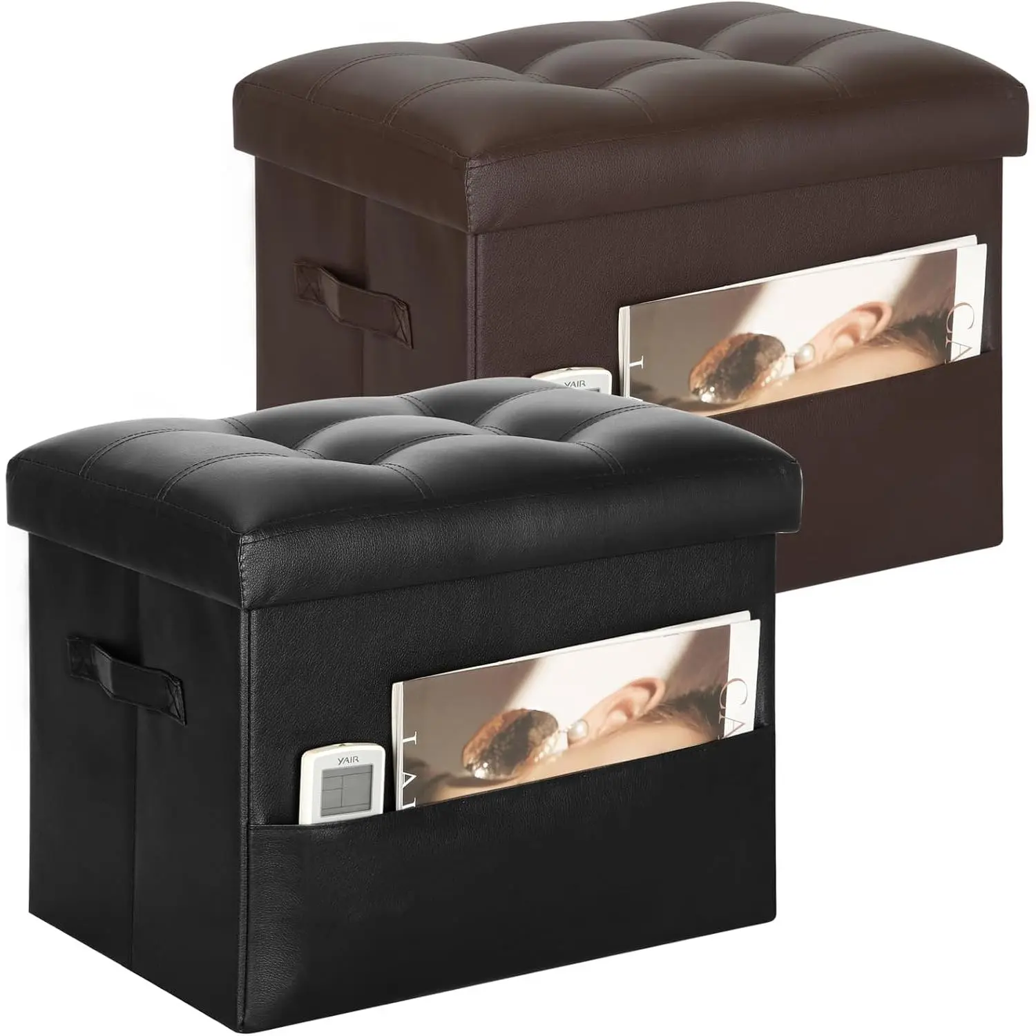 Storage Ottoman Foot Rest Stool with Thicker  Padded Seat. Foldable Leather Footstool Bench. Small Ottoman with Storage for Living Room Bedroom Coffee Table 350 lbs, 17x13x13in, Black & Brown