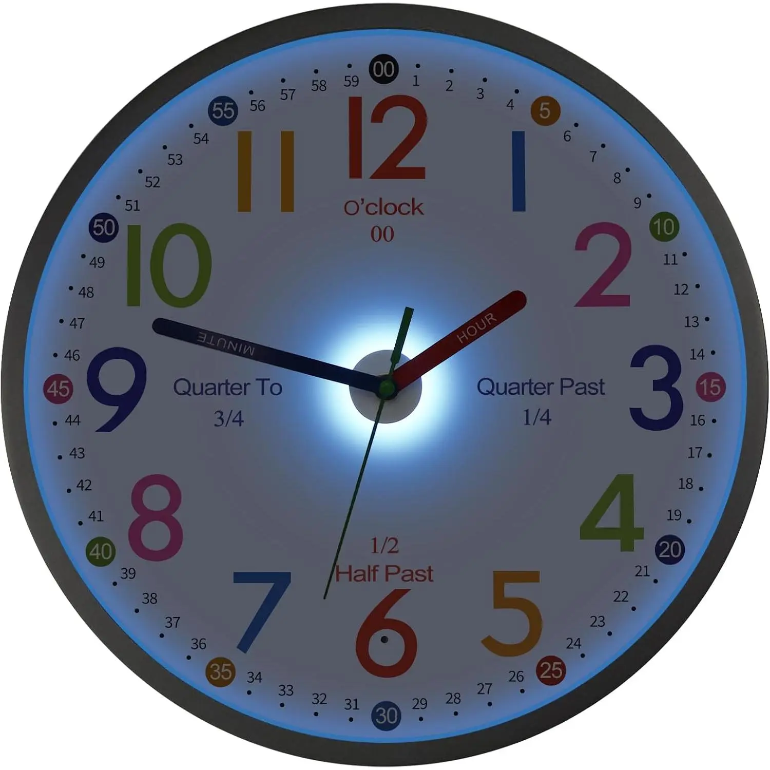 Telling Time Teaching Clock, 8 Inch Illuminated Wall Clock for  Bedroom, LED Wall Clocks  Operated, Silent Learning Clock for , Teachers & Classroom, Light Sensor - Auto Lighting