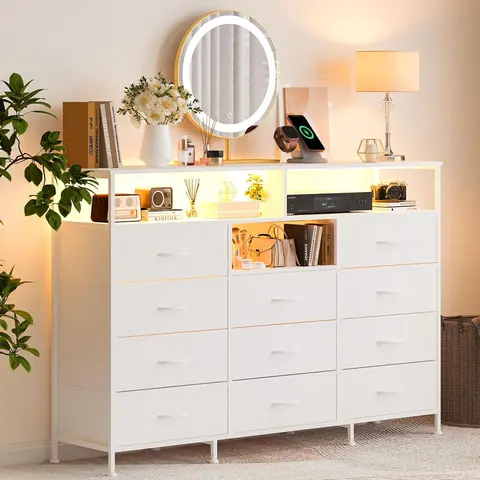 Gaomon Rectangular 55-Inch 11-Drawer Modern Fabric Bedroom Dresser - Storage Drawers, Multifunctional Storage Cabinet, Modern Cupboards with LED Light, Charging Station, Steel Frame, Wood Top, TV Console for Living Room