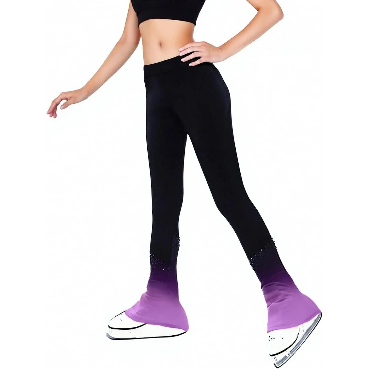 Ice Skating Training Pants Leggings Girls Women | Gradient Cuff , High Waist Stretchy , Rhinestone Decor, Breathable Performance Practice Tights