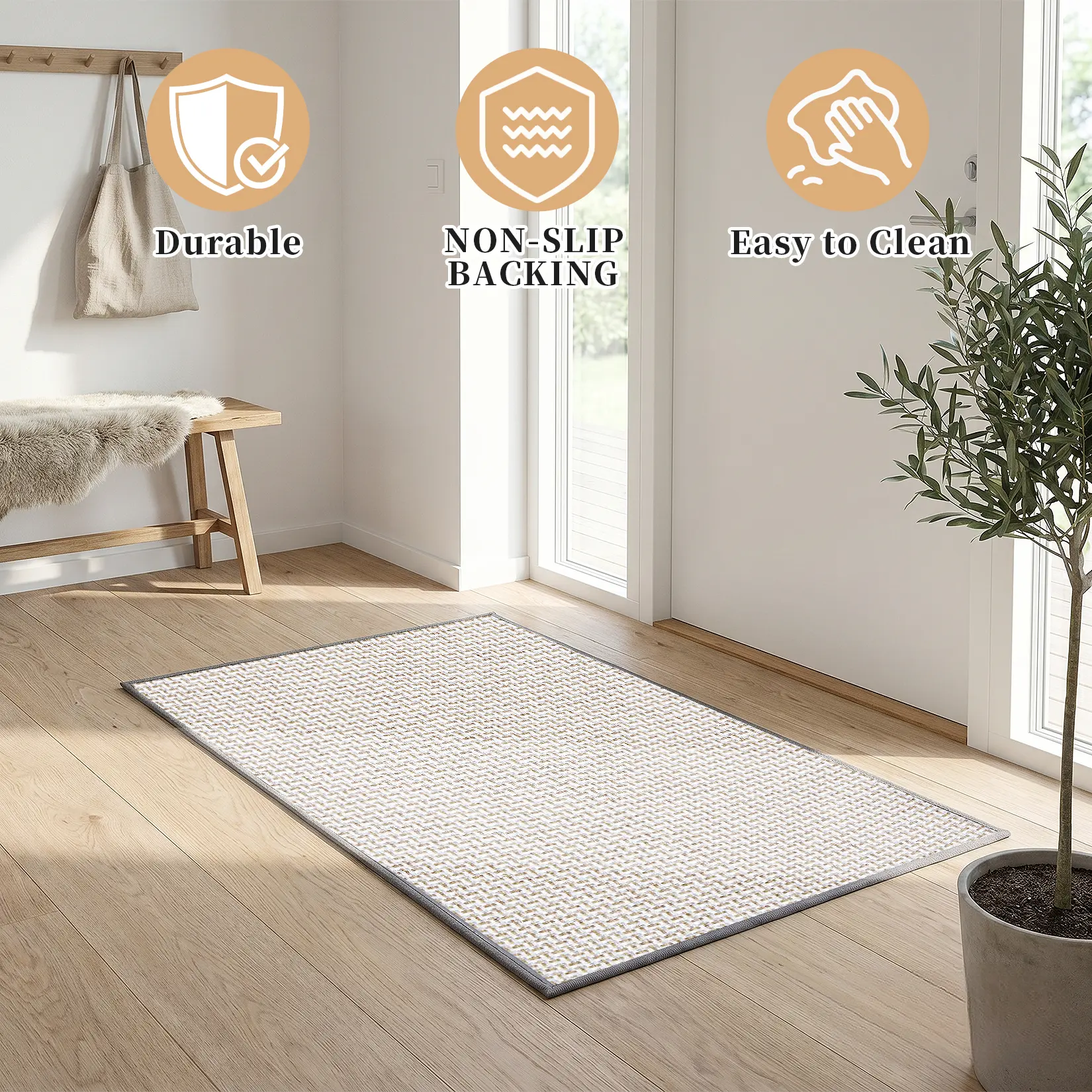 Durable Non-Slip Outdoor Doormat – Weather-Resistant, Highly Absorbent Entry Mat – Easy-Clean Rubber Backing – Decorative Mud Trapper Rug for Front Door, Patio, Lawn, Garden – Silver Coffee, 43x75cm