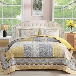 Yellow Set Full,Bohemian Patchwork Bedspread Coverlet Set, Reversible Boho Floral Pattern Bedspreads Bedding Set for All (78"x90")