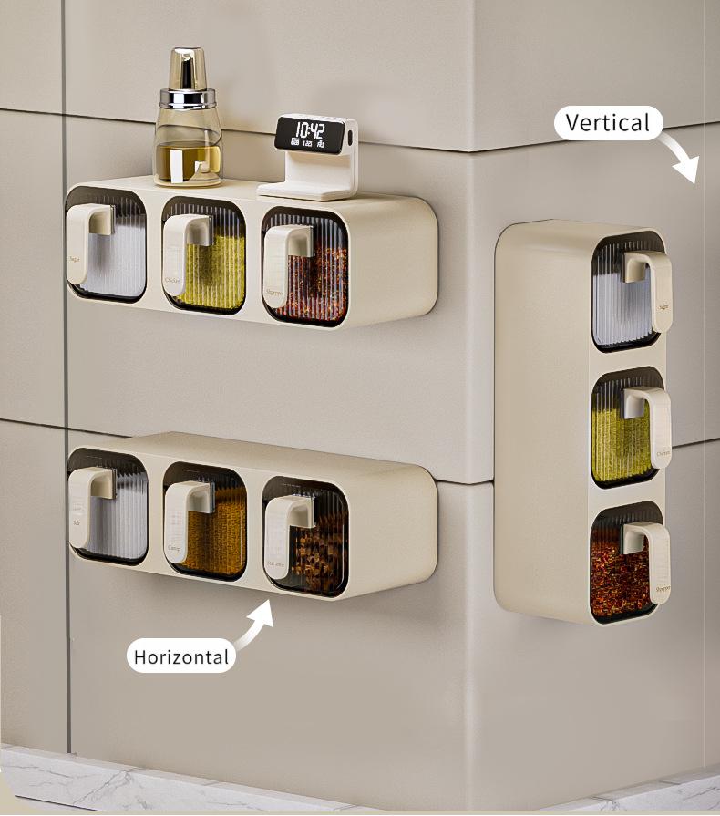 Wall-Mounted Integrated Multi-Compartment Spice Box Set Kitchen Household Moisture-Proof Storage Salt MSG Plastic Jar Organizer