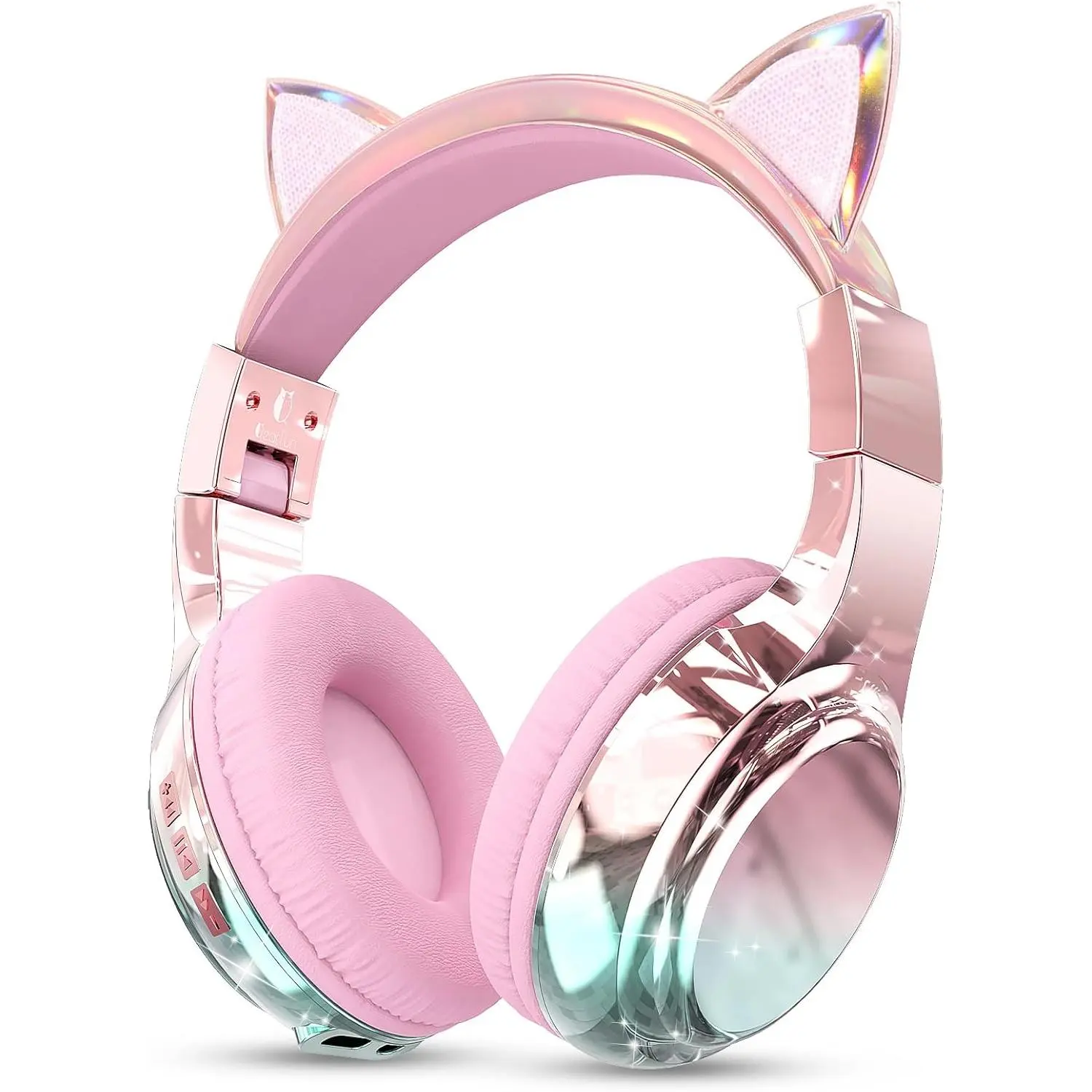 Cat Ear Bluetooth Headphones, 60H Playtime, 74/85/94dB Safe Volume Limit, Metallic Gradient Wireless Headset with Mic, Fast Charging, Foldable, Wired Mode for Girls School/Tablet/Travel