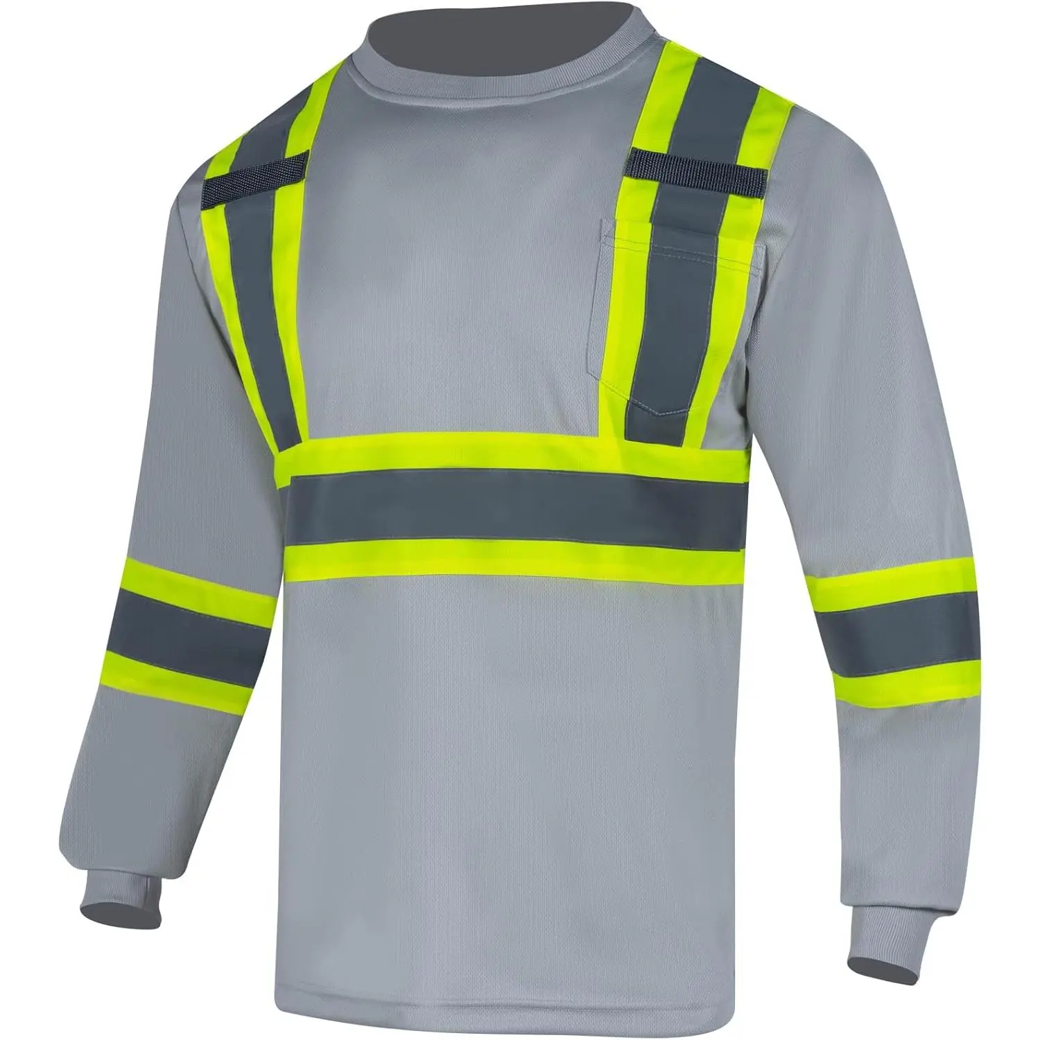 Men's High Vis Menswear Workwear Utility Polyester ANSI Class 1 Reflective Long Sleeve Work Shirt with Pocket, Grey, Size L