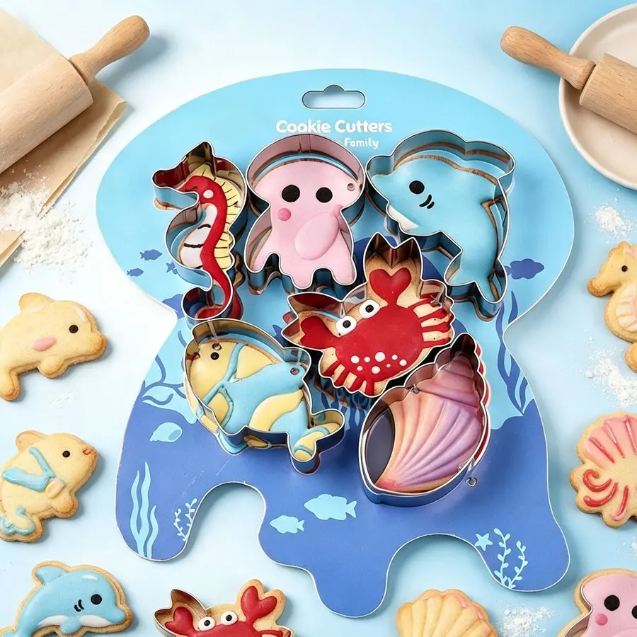 6 Pcs Ocean Cookie Cutters Set, Seahorse Octopus Dolphin Crab Fish Seashell Shapes, Metal Biscuit Cutters, Baking Molds for Ocean Theme Party