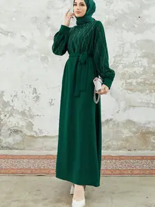 Elegant Women's Long Sleeve Belted Dress, Modest Muslim Outfits, Plain Loose-Fitting Glitter Dress, All Seasons Fashion, Enduring Graceful Style